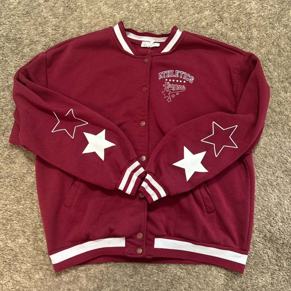 Burgundy and white varsity jacket